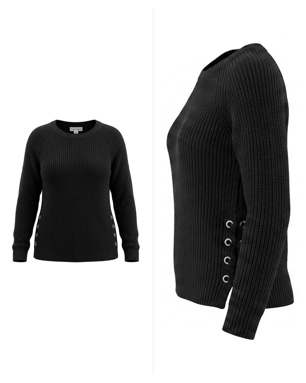 Caren Sport Black Ribbed Side Button Crew Neck Sweater Women Plus Size 1X